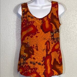 VNTG Anne Pinkerton 100% Silk Map Themed Top Orange and Red Sleeveless